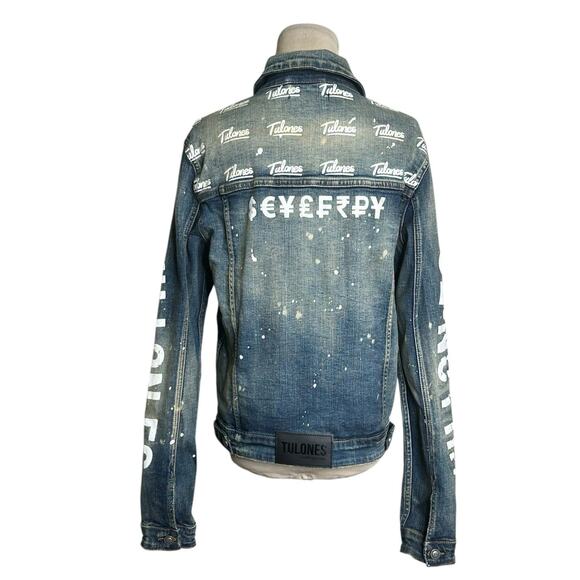 Tulones distressed splash paint stained long sleeves jean jacket size XS - Picture 2 of 15